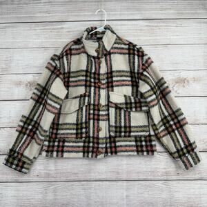 Bagatelle‎ Plaid Knit Button Down jacket Womens Small Cream Black Pink Crop